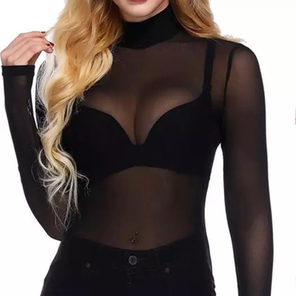 🎉SOLD On Sale New Alluring Sheer Black Long Sleeve Mock Turtle Neck Top - Picture 2 of 10